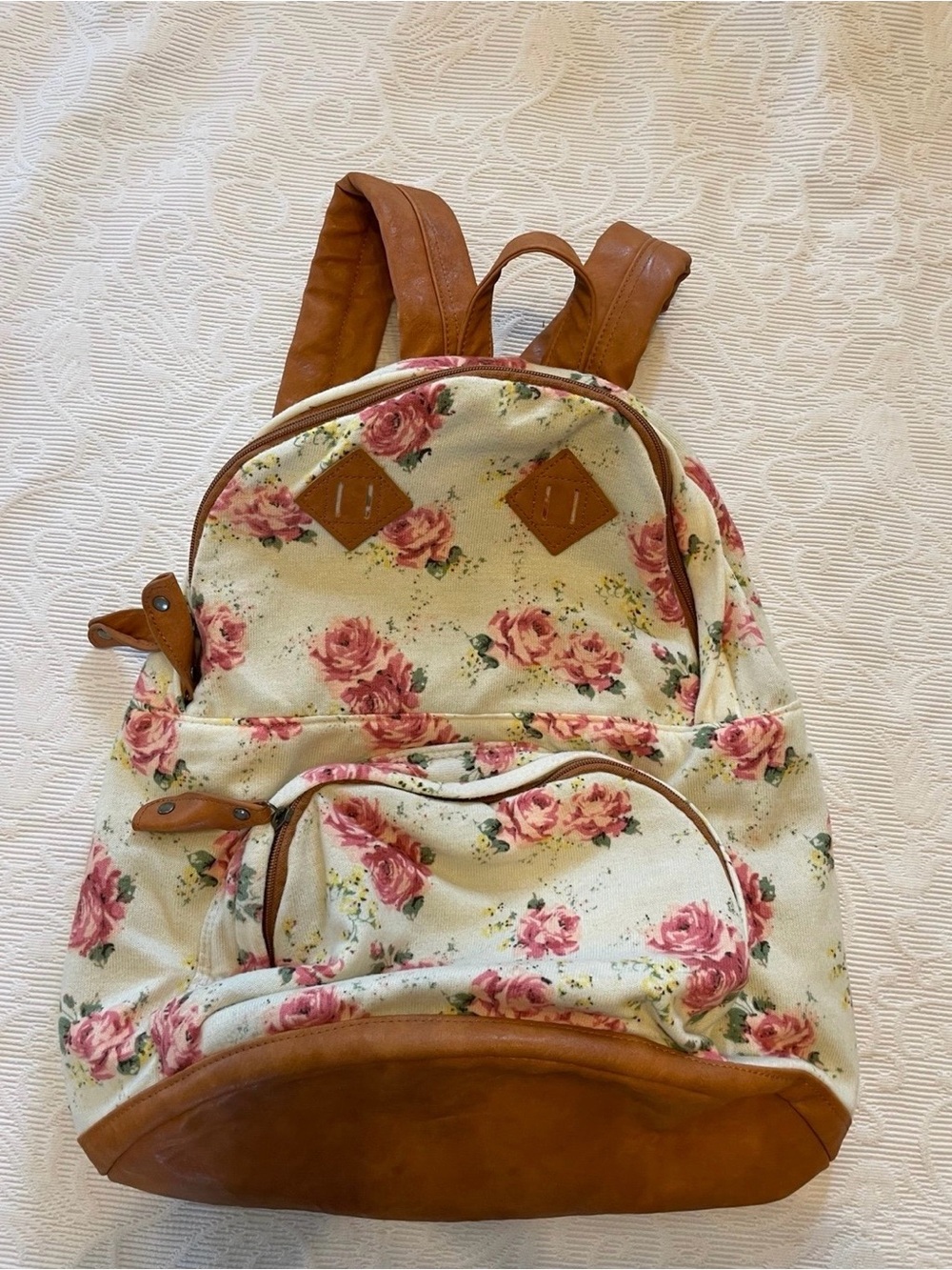 Tilly's Cream Floral Canvas Backpack with Pink Roses and Brown Trim